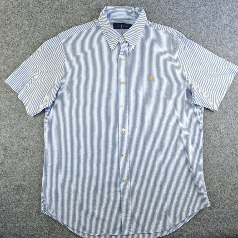 Ralph Lauren Shirt Mens Large White Blue Striped Seersucker NWOT Short Sleeve